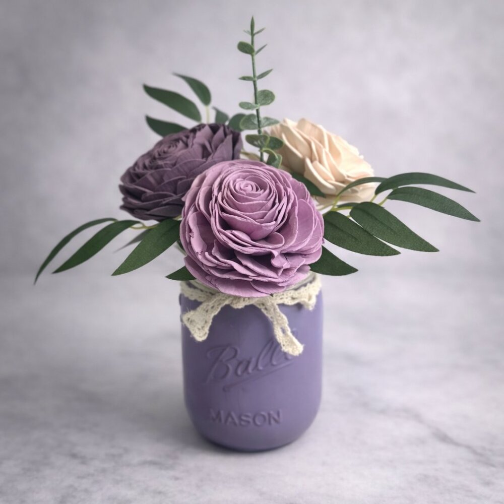 Sola Wood Flower Cream Plum Rose Arrangement in Lavender Mason Jar, Home Decor